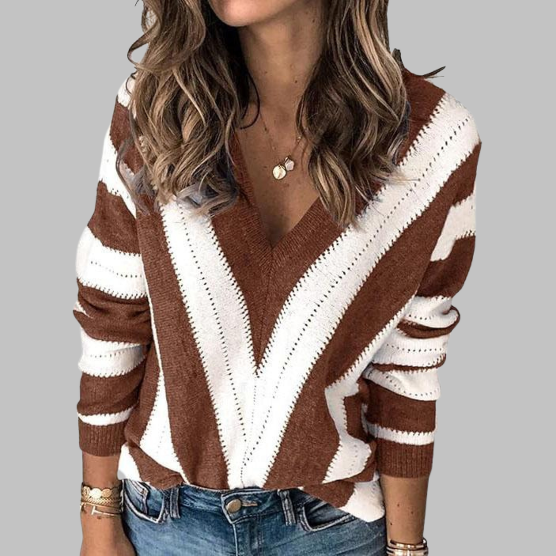 IMANI™ - Casual V-Neck Striped Long Sleeve Sweater