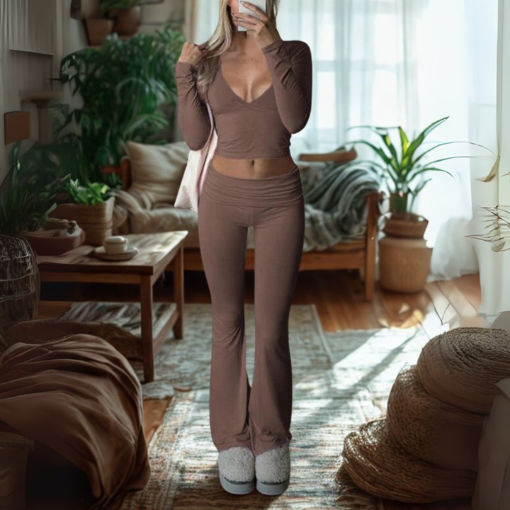 SINA™ - Casual V-Neck Long Sleeve Crop Top and Pants Set