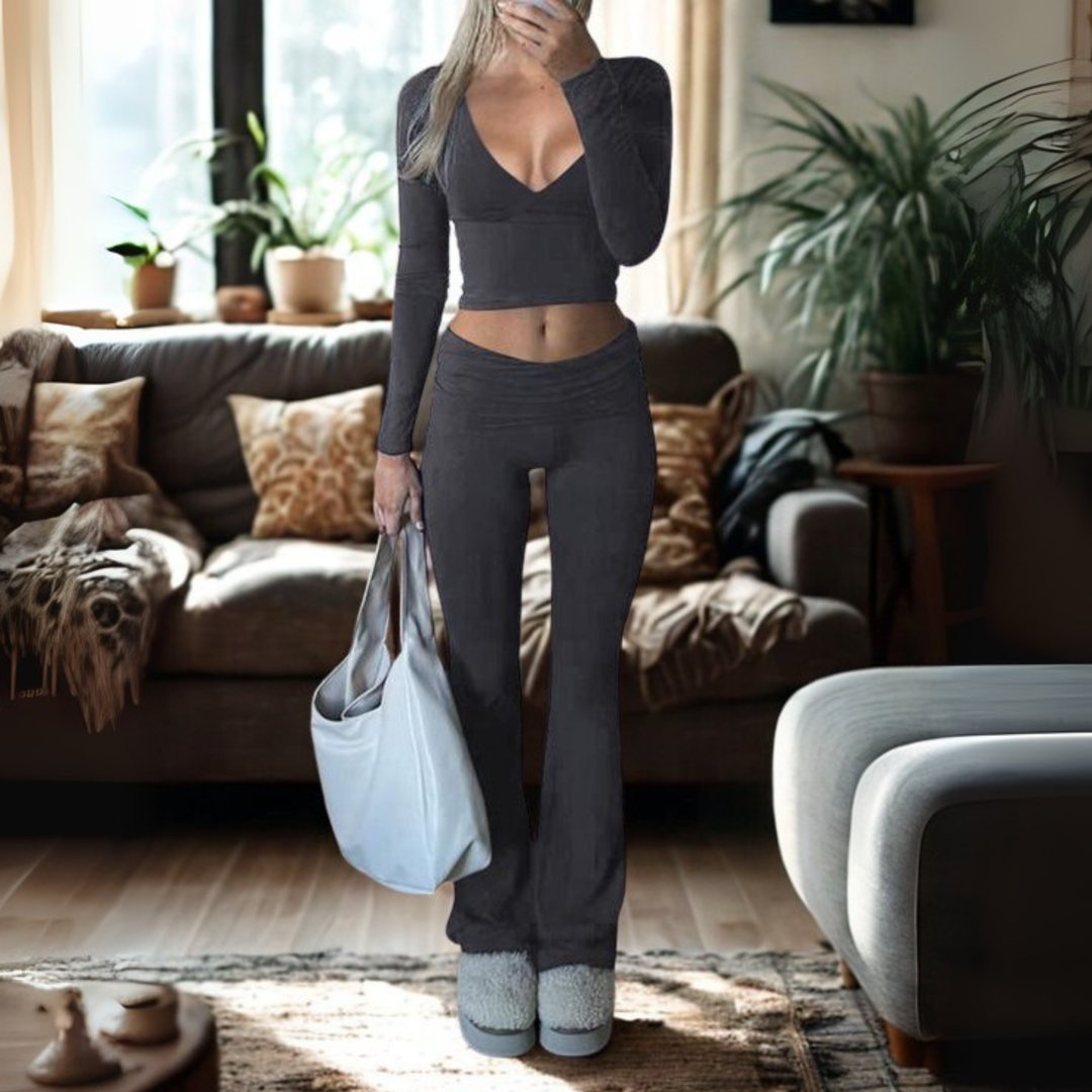 SINA™ - Casual V-Neck Long Sleeve Crop Top and Pants Set