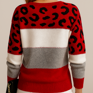 Violett | Women’s soft knitted jumper with colour-blocking and leopard print