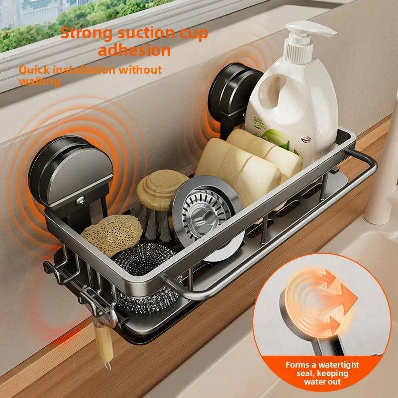 Kitchen Sink Suction Cup Storage Rack with Drain Tray