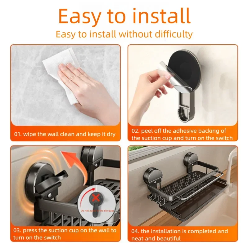 Kitchen Sink Suction Cup Storage Rack with Drain Tray