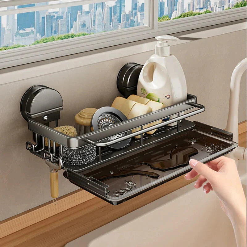 Kitchen Sink Suction Cup Storage Rack with Drain Tray