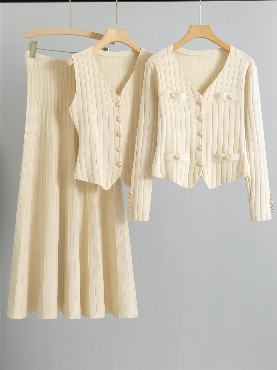 XANDY™ - Elegant V-Neck Buttoned Vest and High Waist Skirt