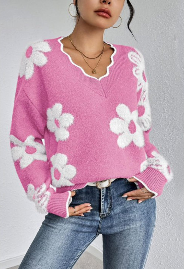 TESSA™ – Floral V-Neck Knit Sweater