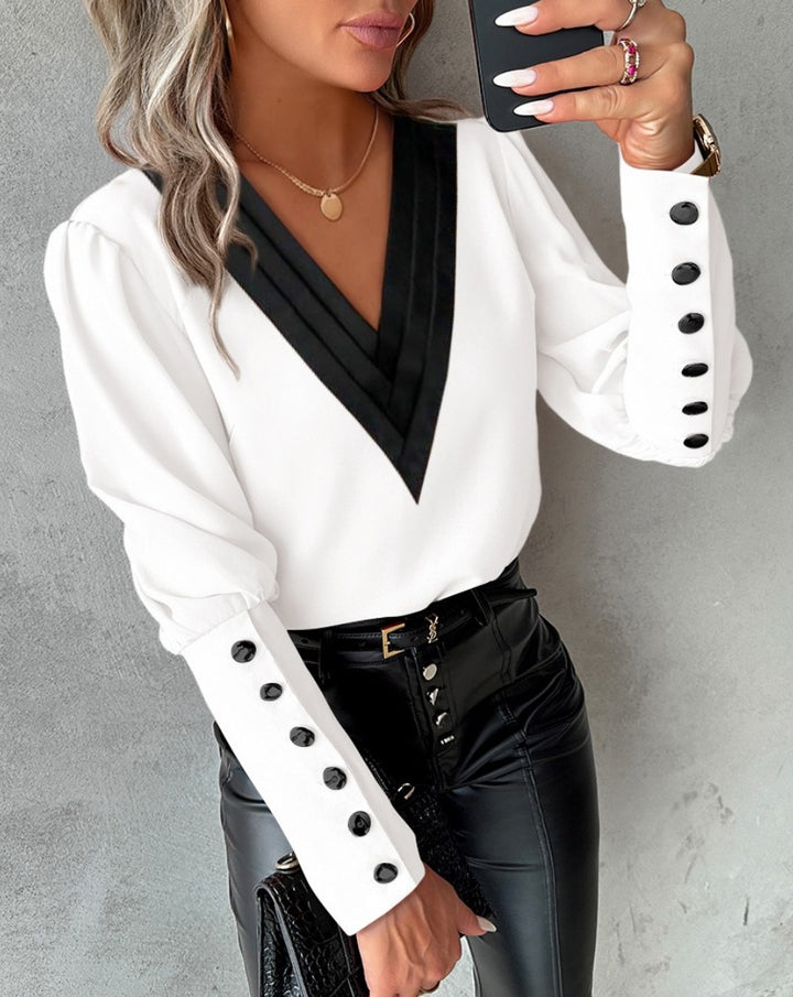 MIRAVENE™ – Contrast V-Neck Blouse