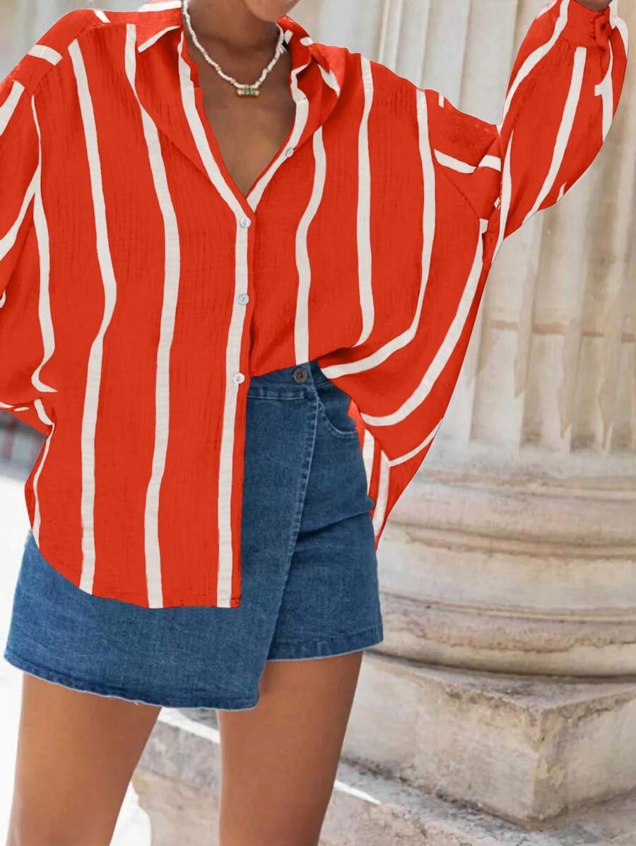 VINCLAIRE™ - Cozy Striped Long Sleeve Button Down Blouse