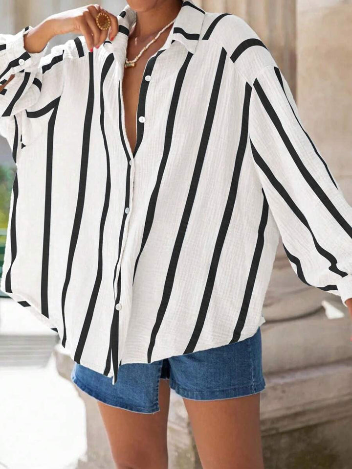 VINCLAIRE™ - Cozy Striped Long Sleeve Button Down Blouse