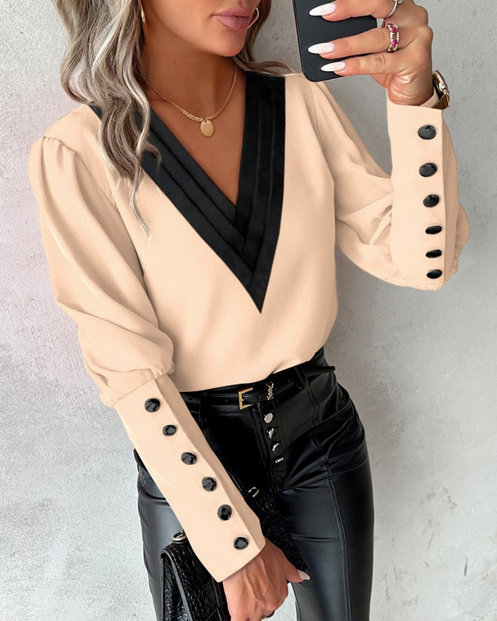 MIRAVENE™ – Contrast V-Neck Blouse