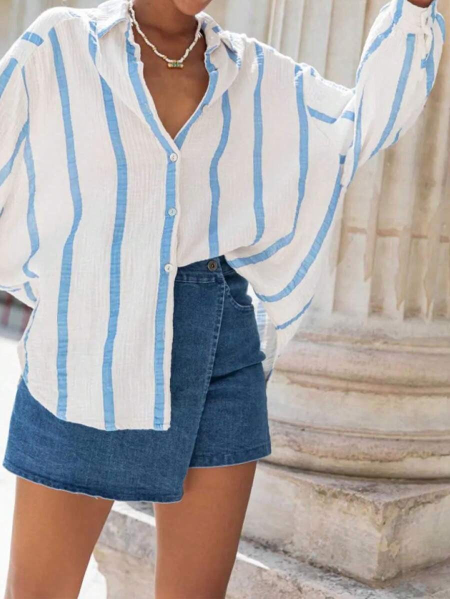 VINCLAIRE™ - Cozy Striped Long Sleeve Button Down Blouse