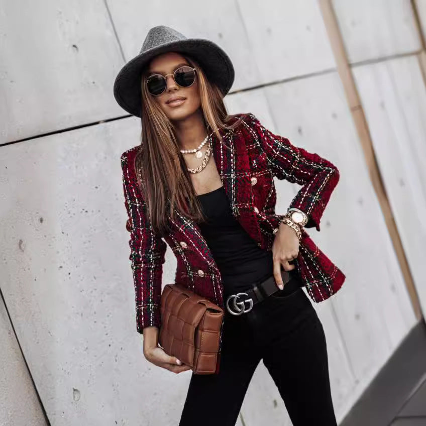 ARIELLE™ – Chic Plaid Double-Breasted Tweed Blazer