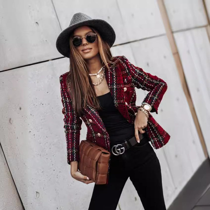 ARIELLE™ – Chic Plaid Double-Breasted Tweed Blazer