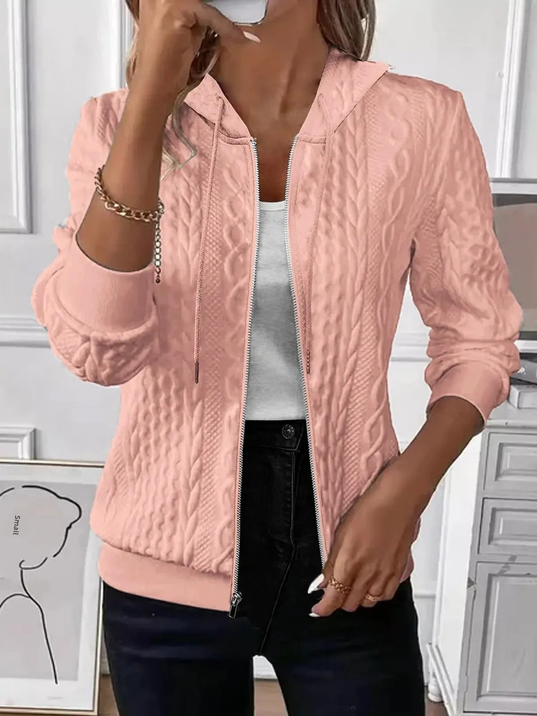 Elvarine - Cable Knit Zip-Up Bomber Jacket