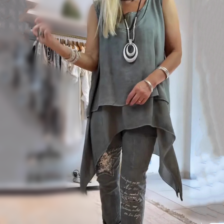 MIREYA™ - Asymmetrical Top & Floral Pants Set